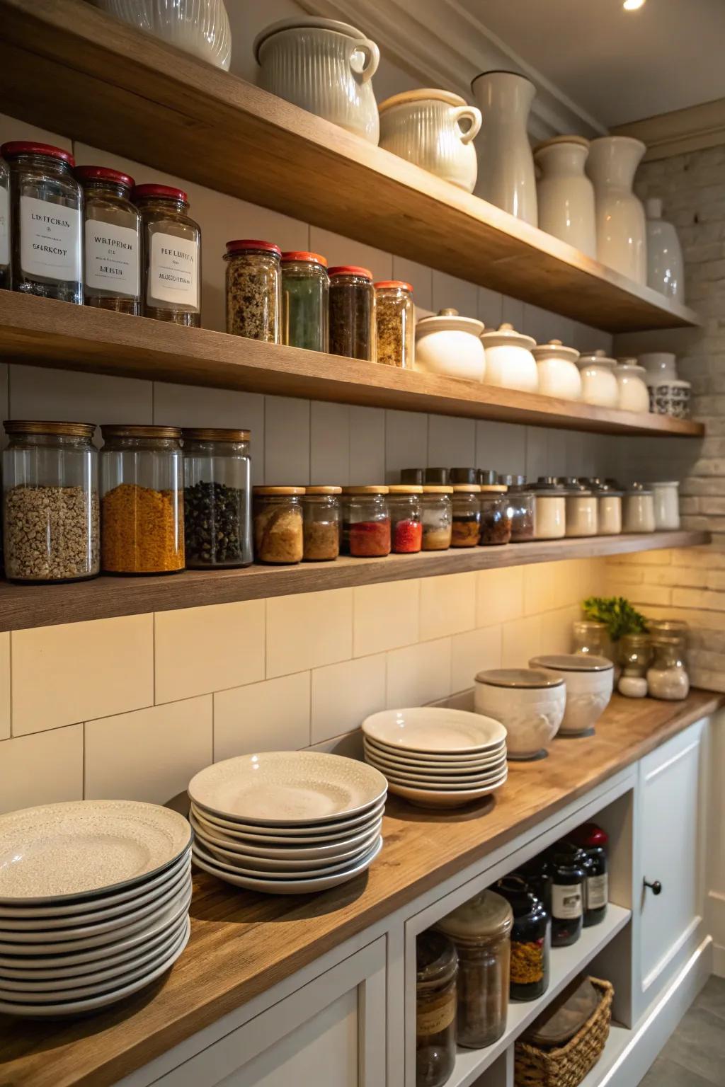 A pantry with open shelves showcasing jars and ceramic dishes.