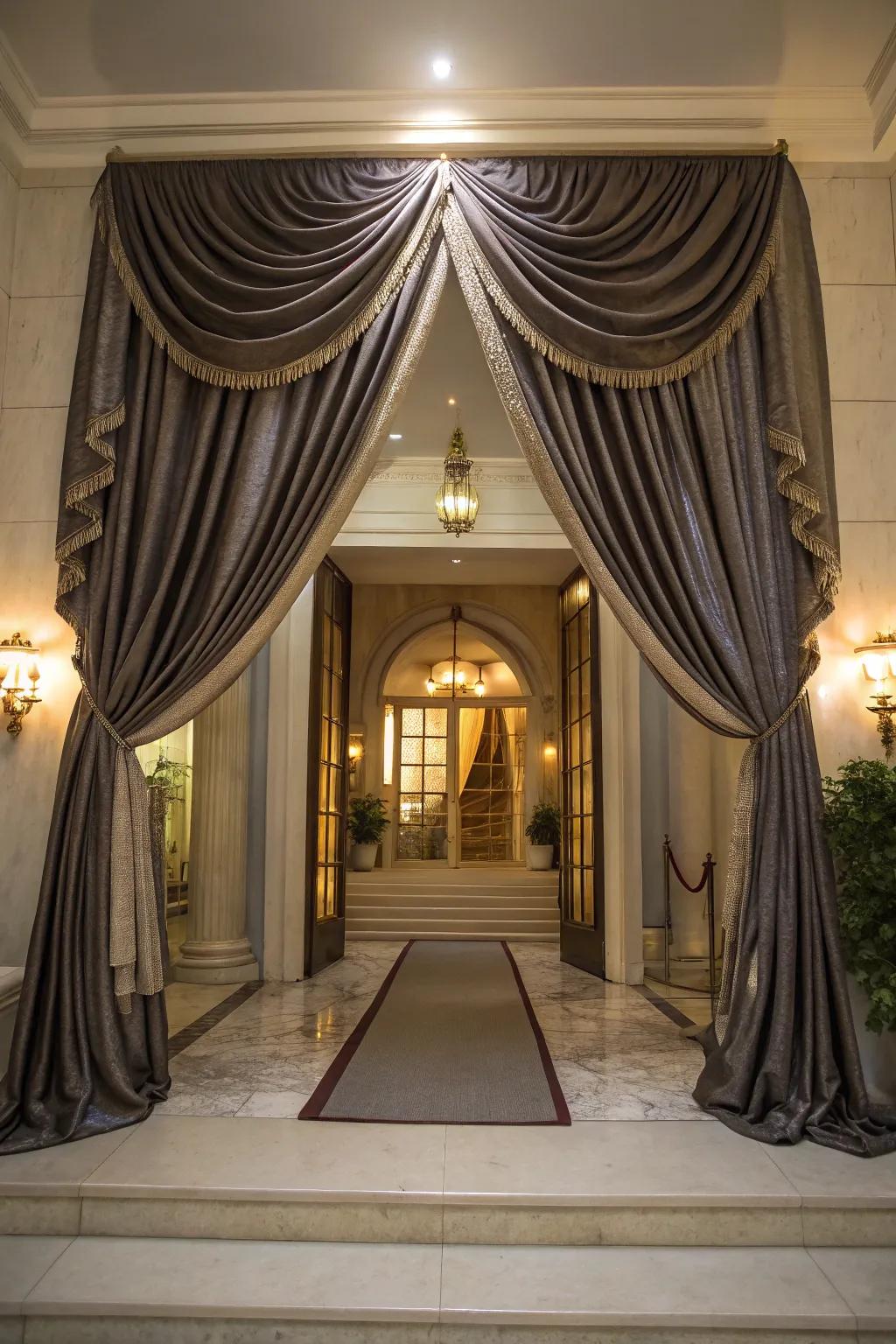 Luxurious fabric drapes add sophistication and elegance to your entryway.