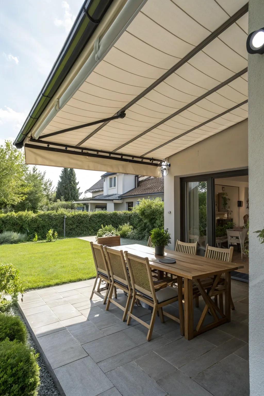 Retractable awnings offer versatile shade solutions.