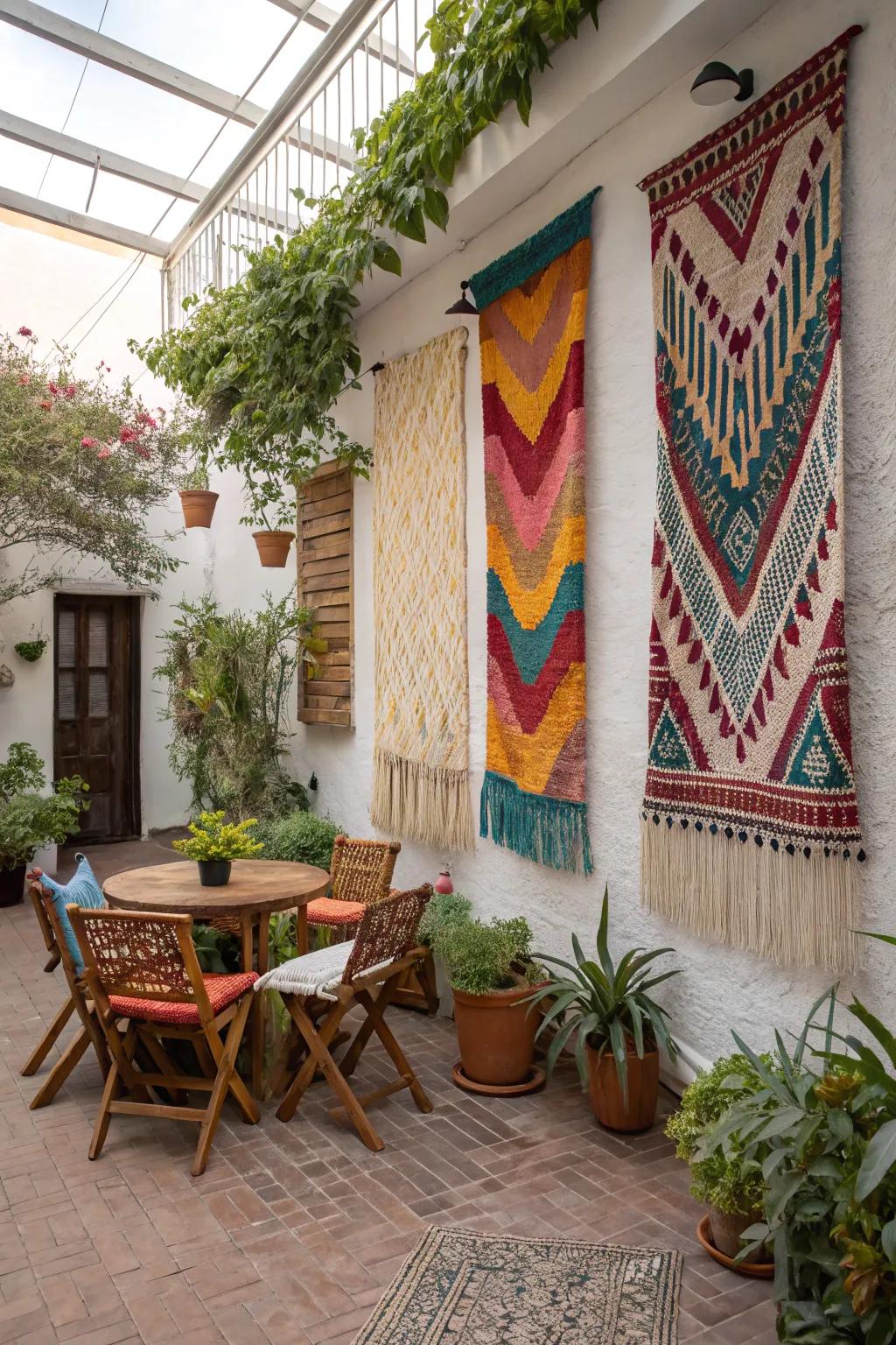 Bohemian tapestries add texture and color to the patio wall.