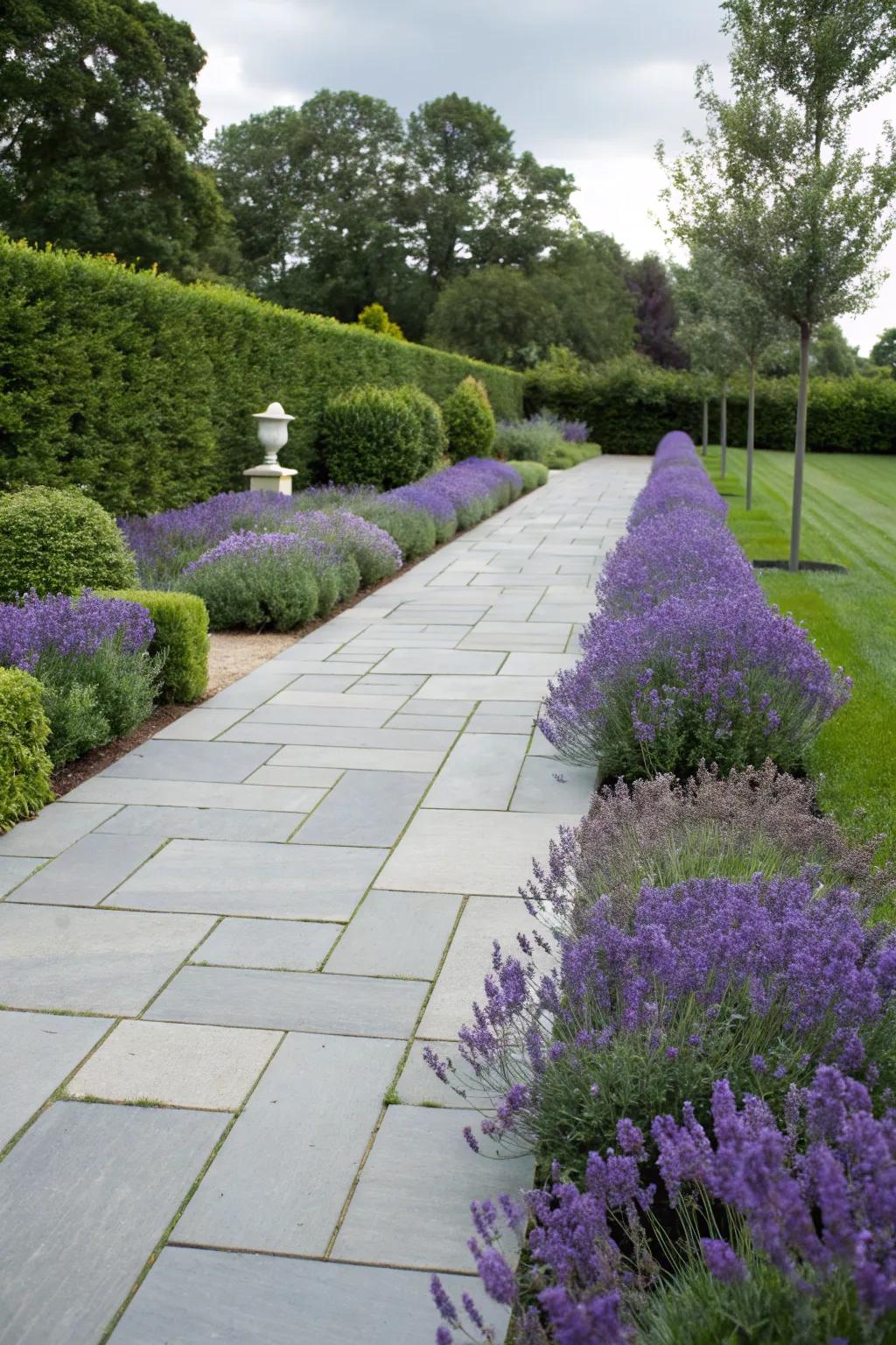 An elegant bluestone walkway lined with fragrant lavender.