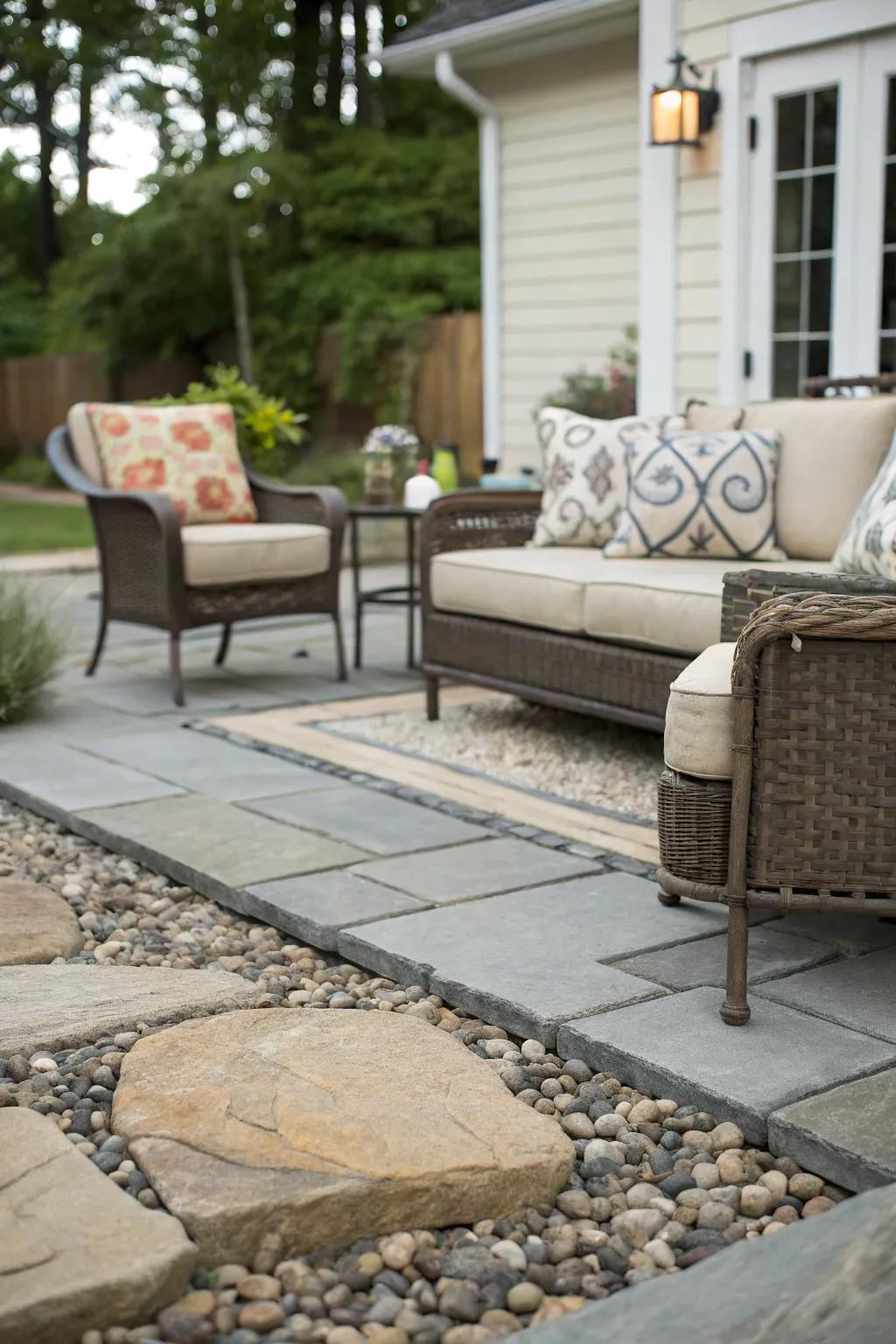 Sophisticated outdoor patio with mixed textures.