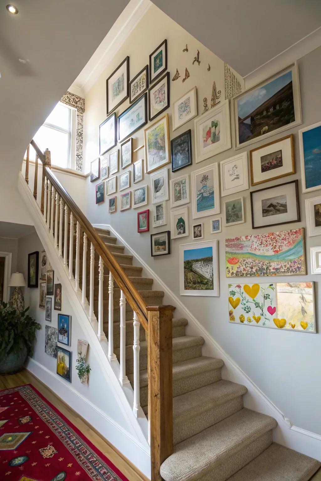 A dynamic gallery wall along the staircase.