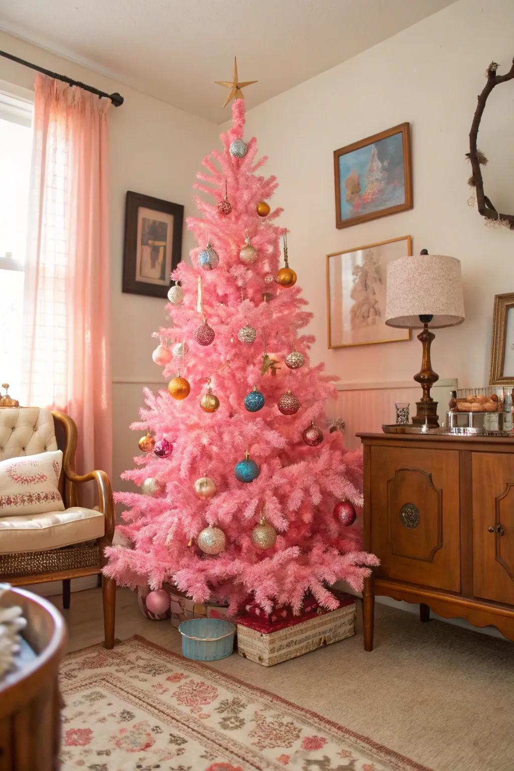 Vintage ornaments give this pink tree a charming nostalgic feel.