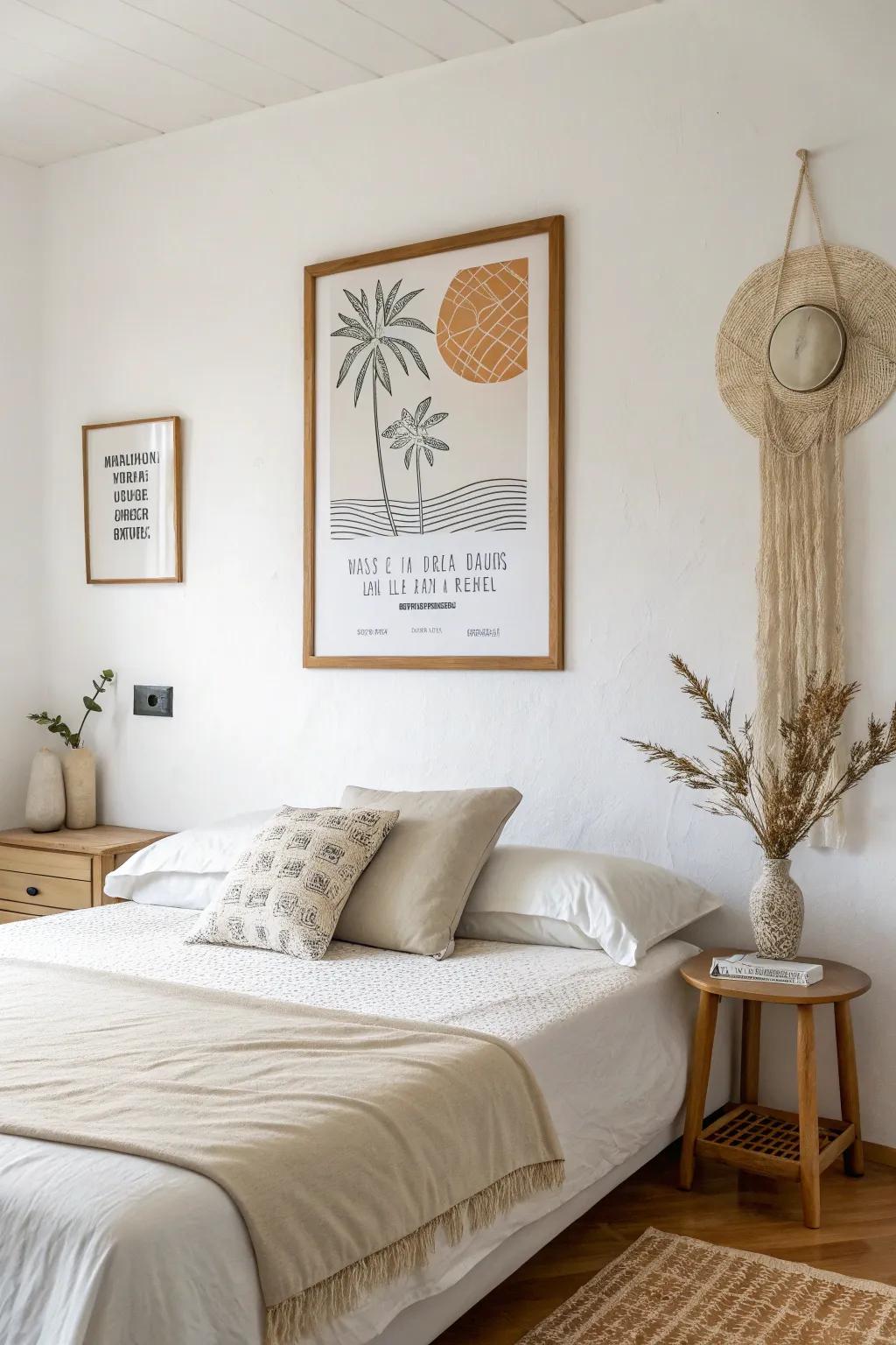 A minimalist design print creating a calming effect in a serene bedroom.