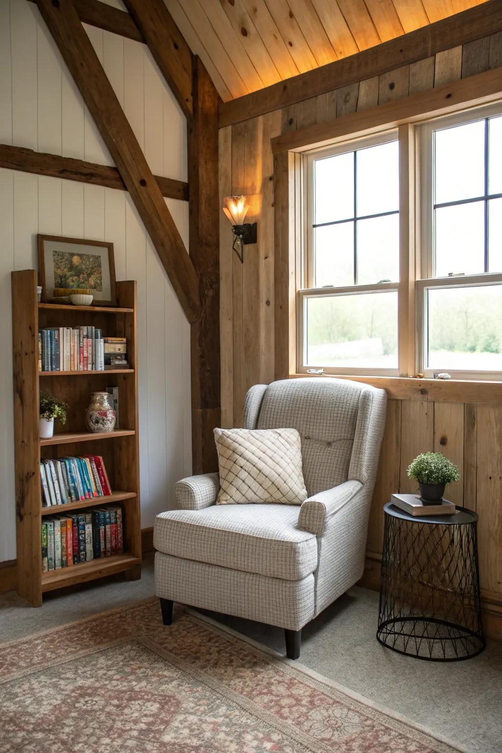A quiet corner in a pole barn with a comfy chair and bookcase.