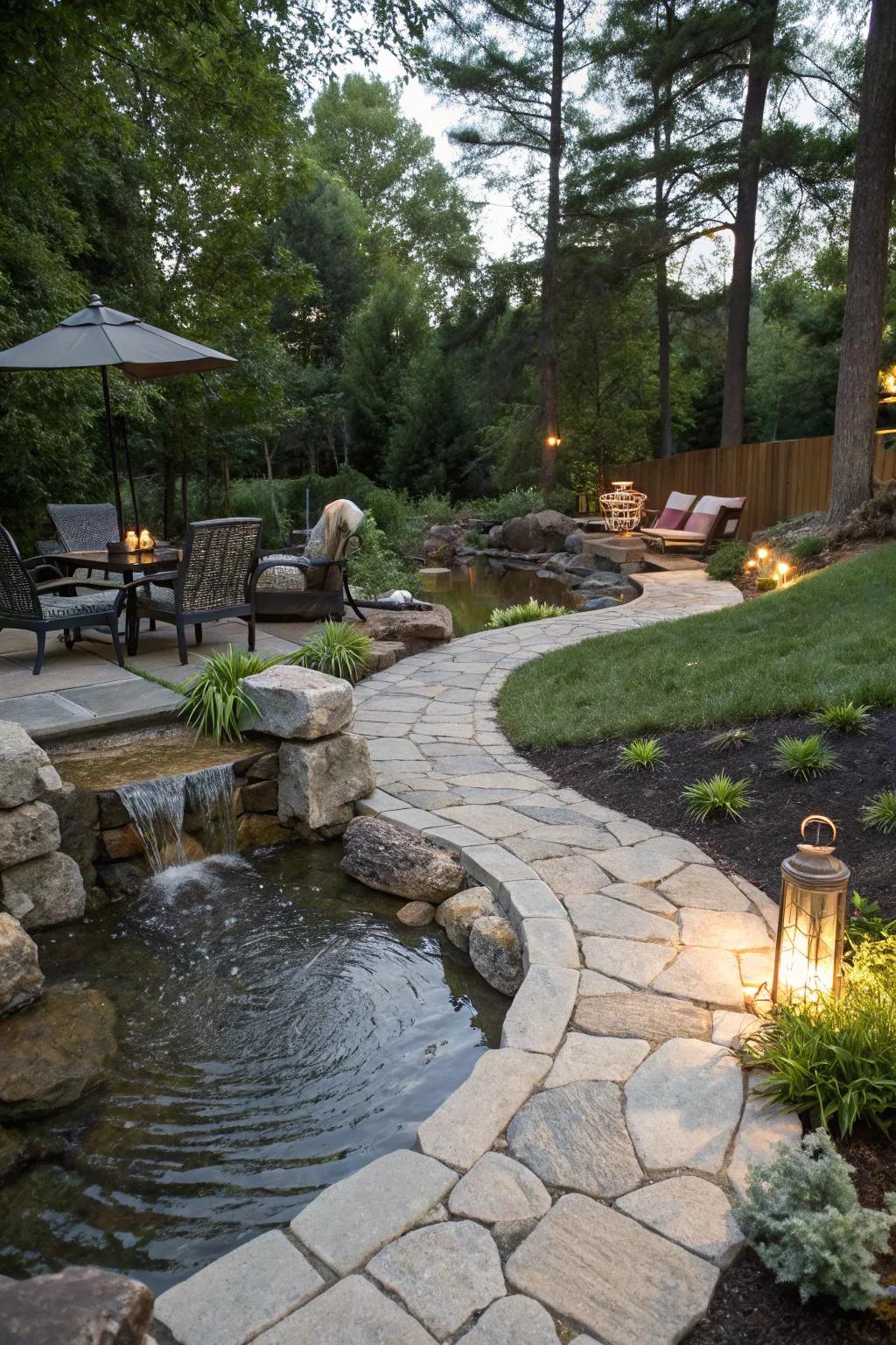 A pathway and seating area invite relaxation by your pond stream.