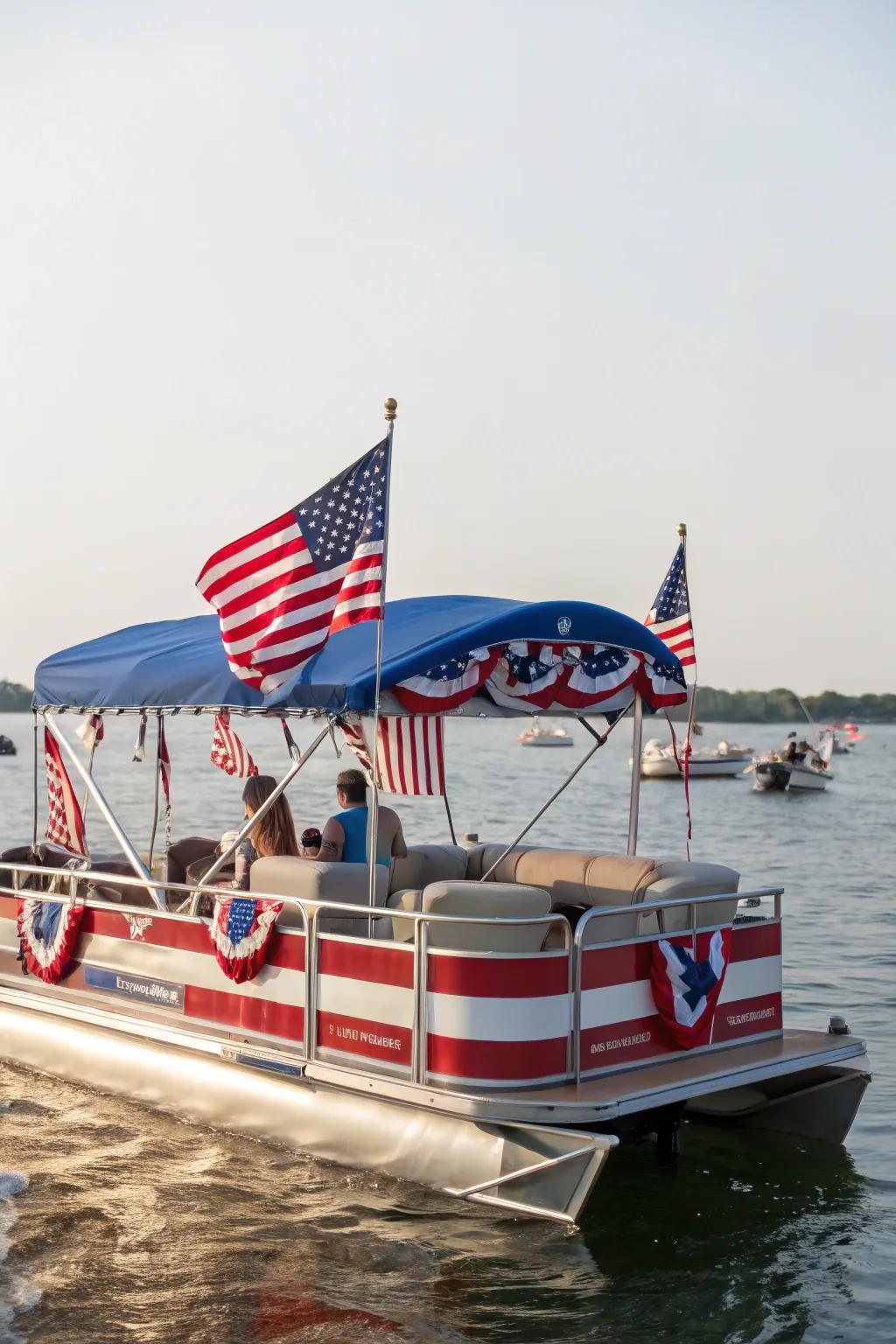 A patriotic-themed pontoon boat adorned with flags and national colors.