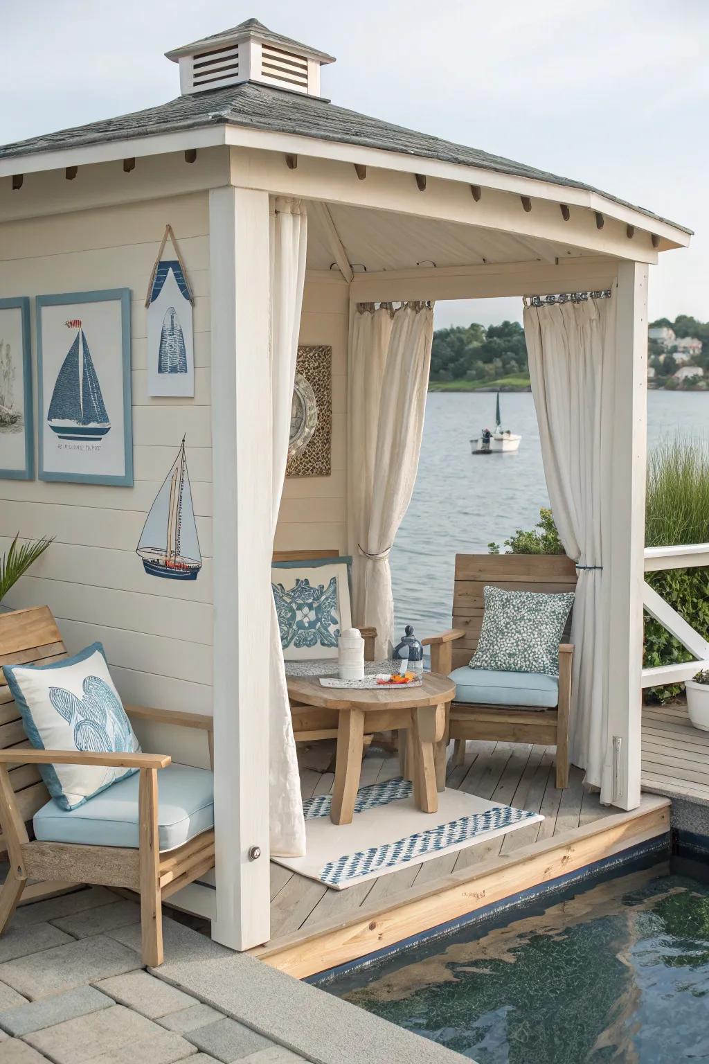 A coastal cabana radiating seaside serenity with light wood and nautical decor.