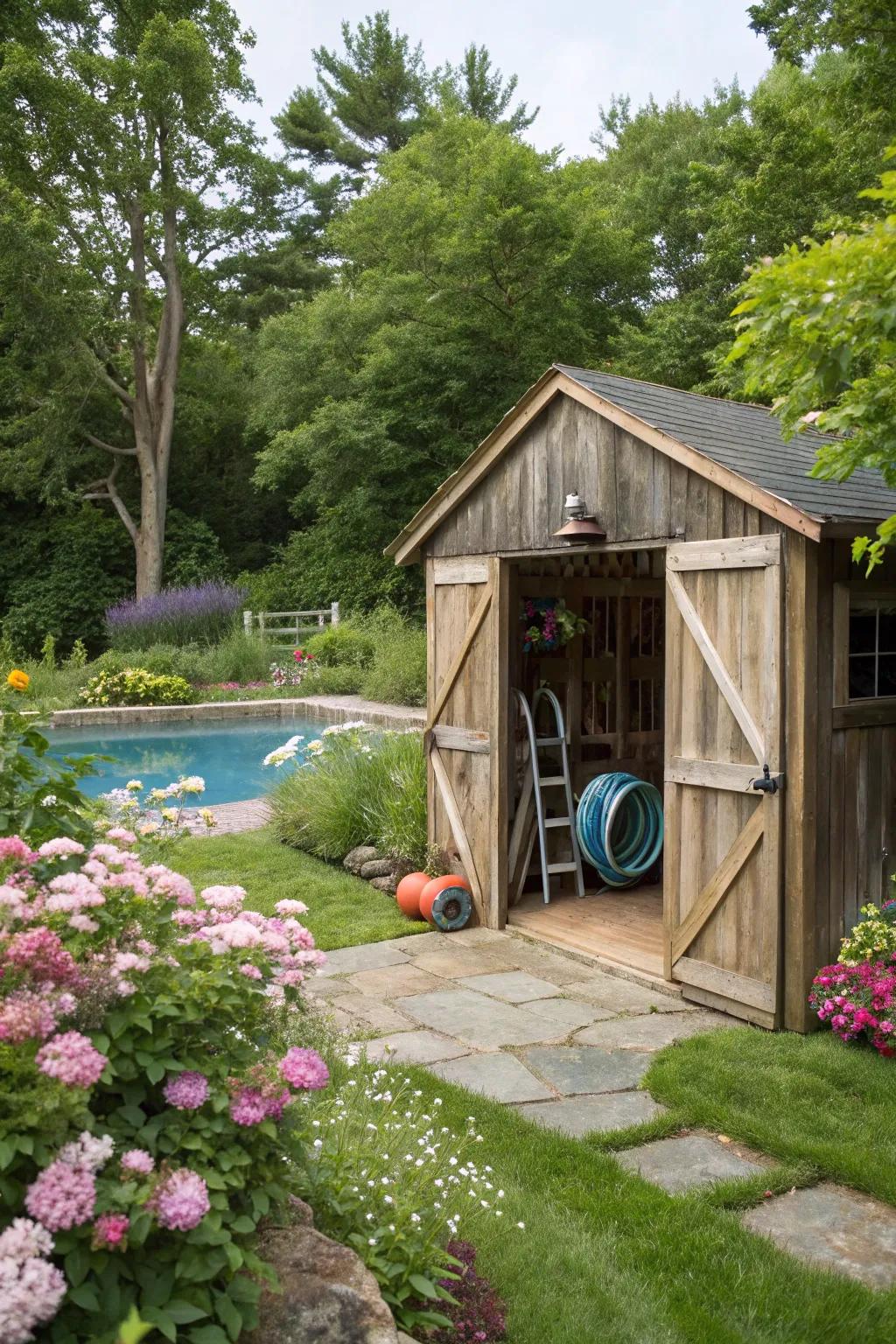 A rustic shed cover that complements the home's architecture.