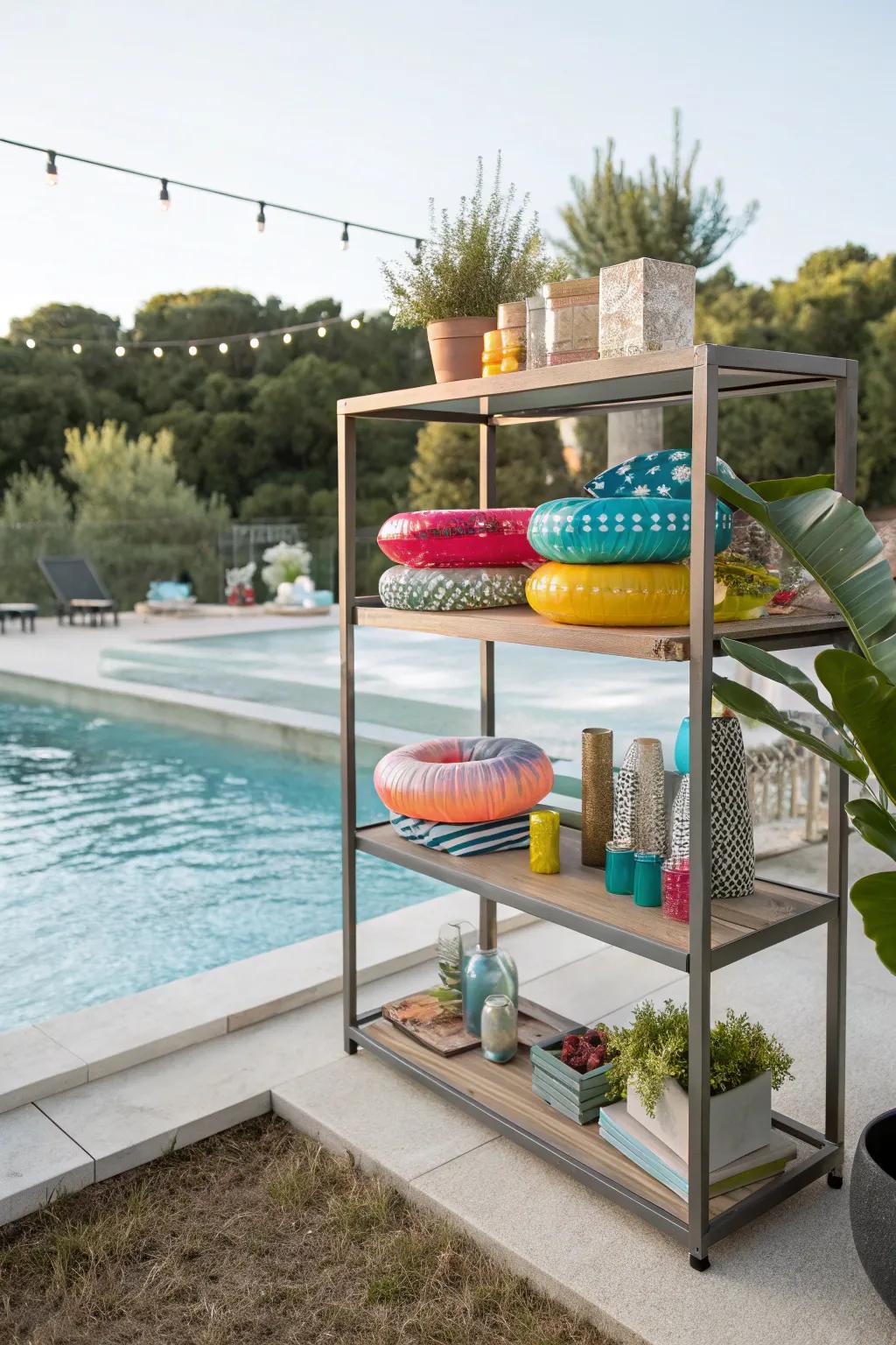 Shelves as both decorative and functional storage for pool floats.