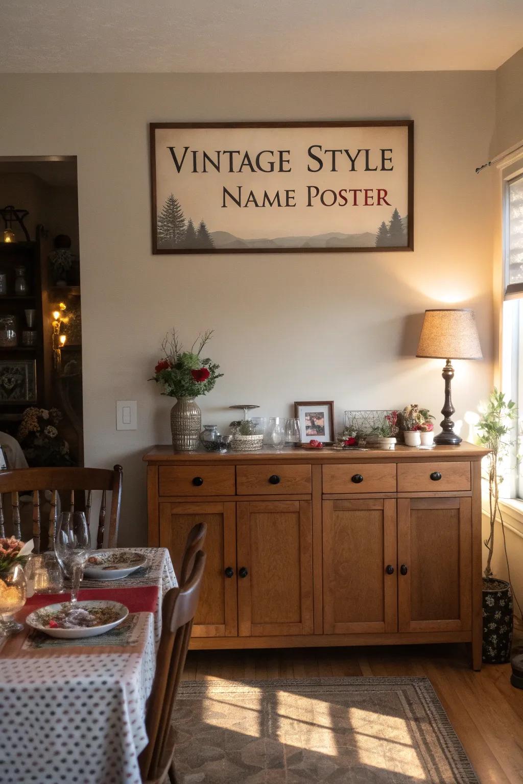 A vintage name poster adding nostalgic charm to a dining room.