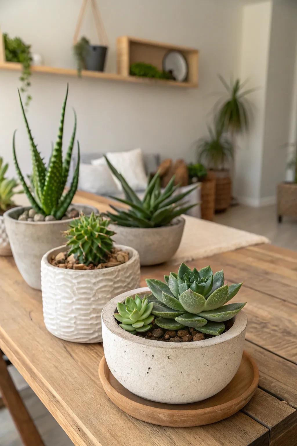 Pottery serving as planters with succulents for a natural element.