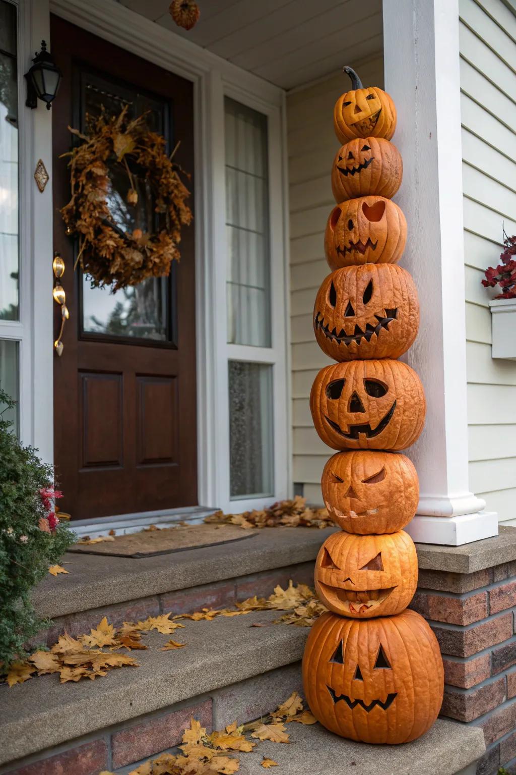 Stacked pumpkin totem for a dynamic entrance.