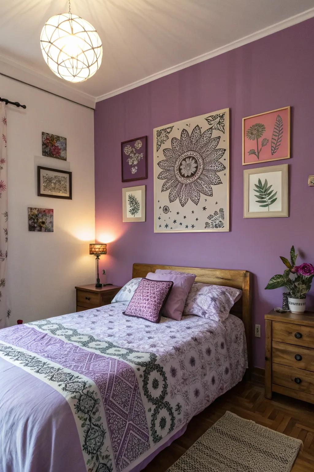 Decorative art pieces adding individuality to violet walls.