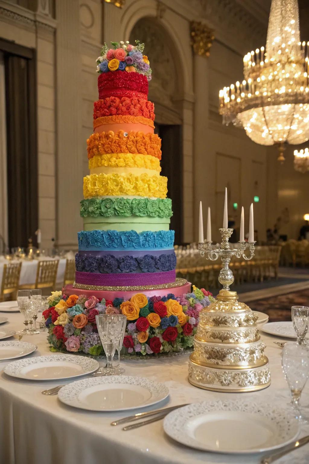 A multi-tiered rainbow cake creates a stunning focal point.