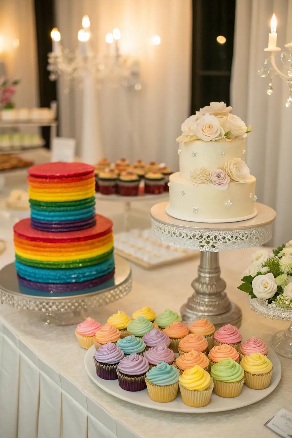 A wedding dessert table featuring a rainbow cake and colorful cupcakes.