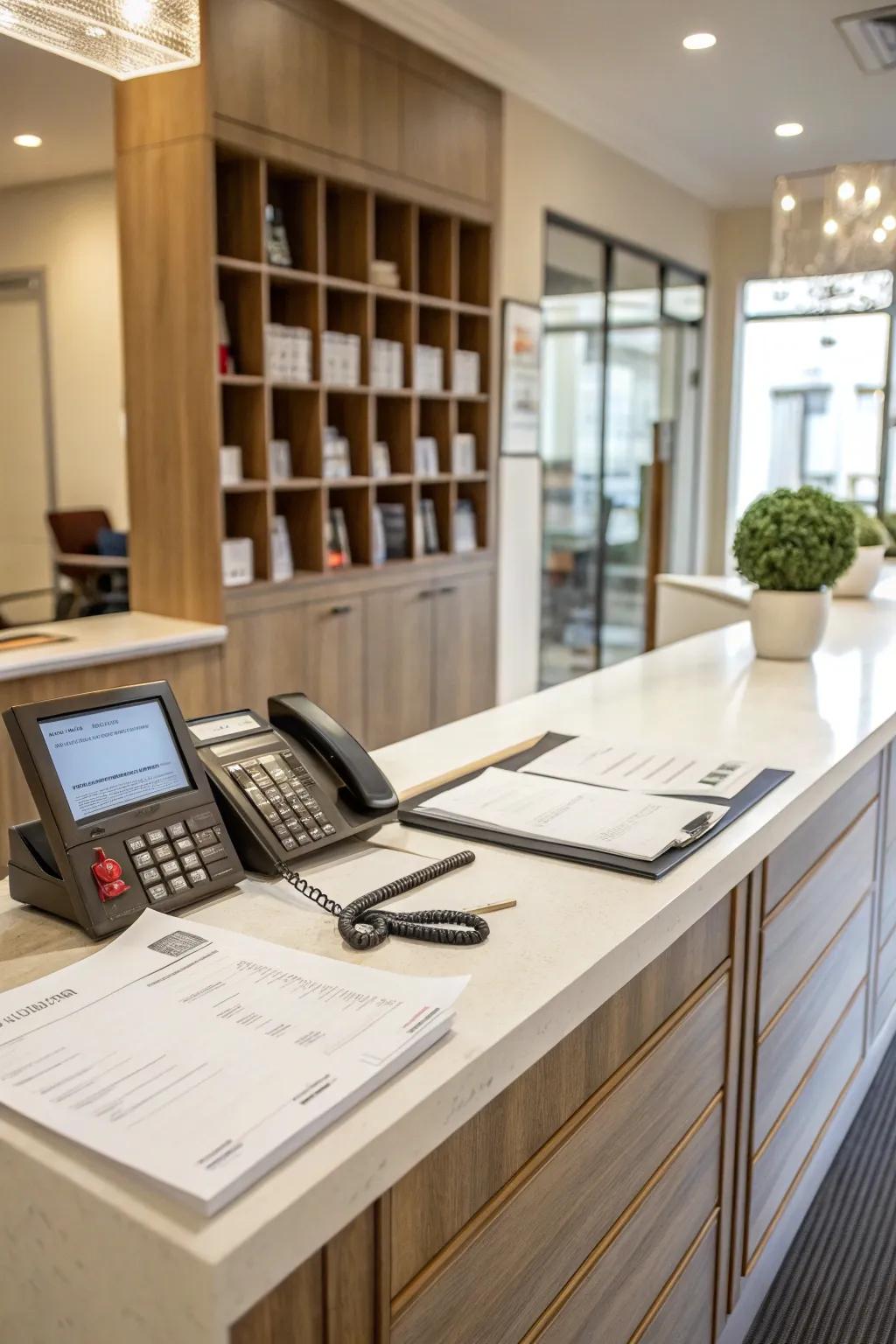 A functional reception desk that prioritizes organization.