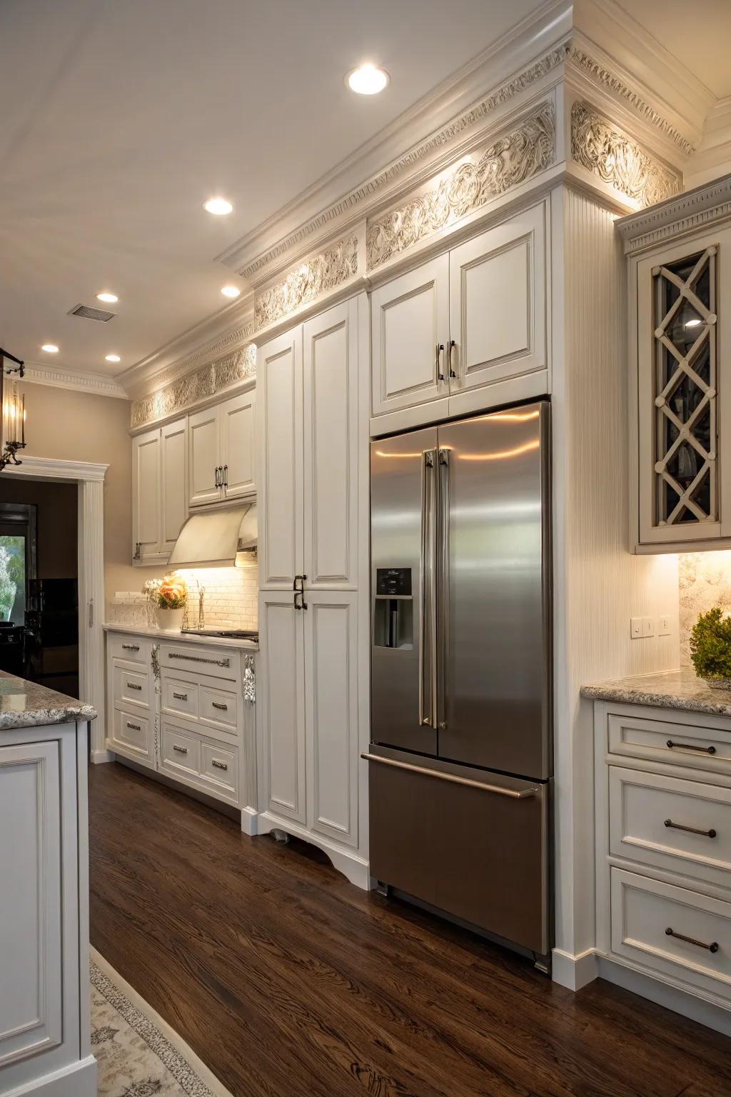 Crown molding around the refrigerator adds a refined touch to the kitchen.