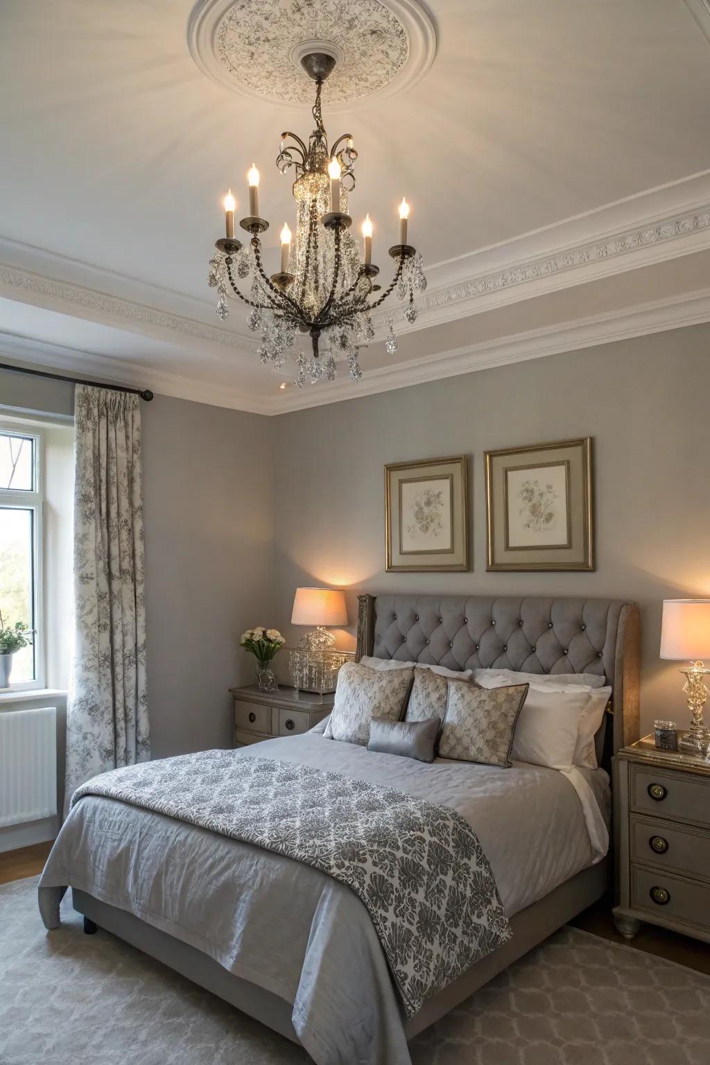 Layered lighting enhances the ambience of a Revere Pewter bedroom.