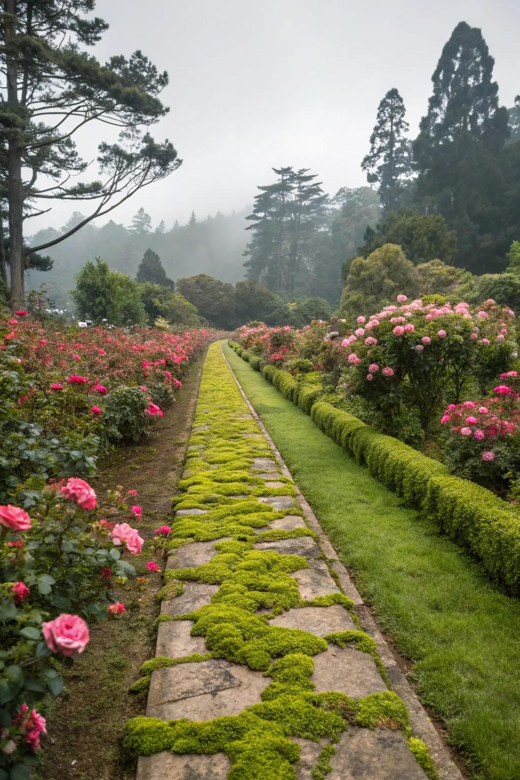 Define your garden spaces with colorful rose moss borders.