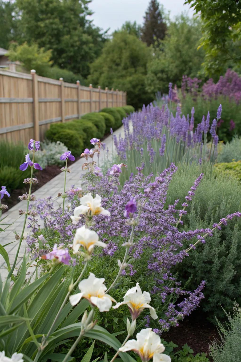 A garden with ongoing color, thanks to flag irises and Silver Queen.
