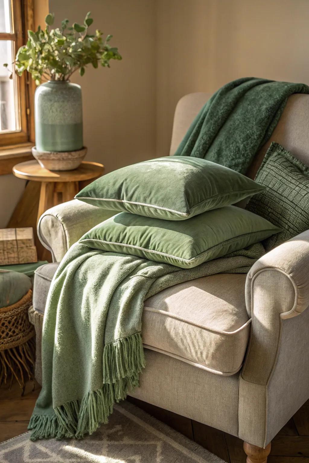 A cozy nook with layered sage green textures.