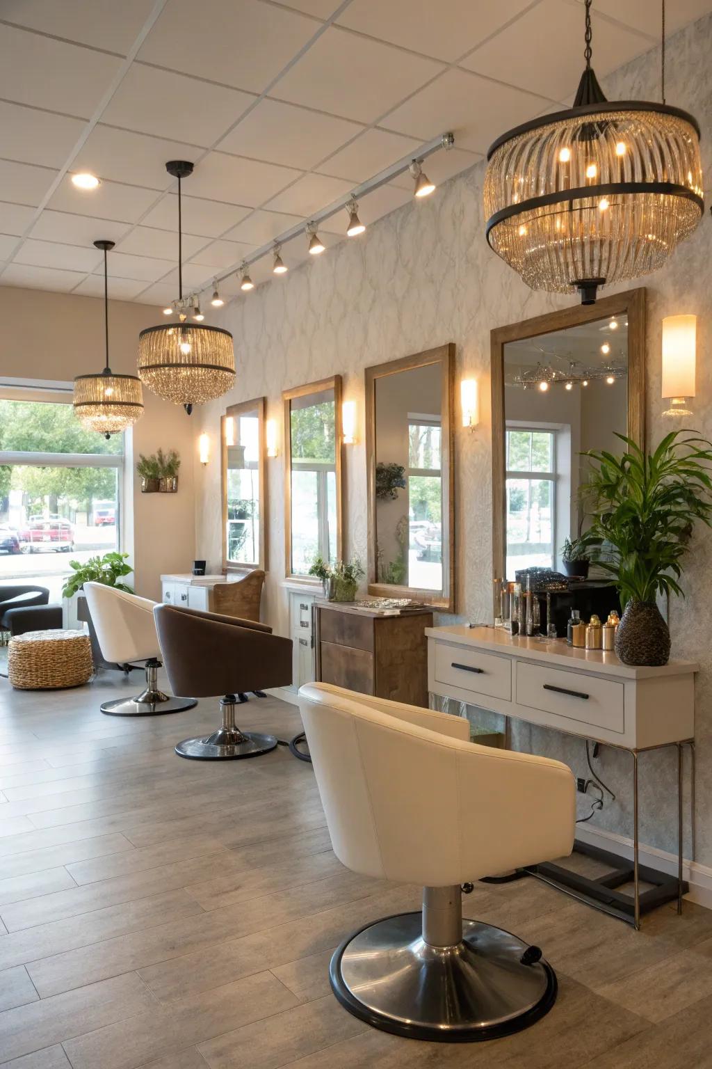 Lighting that creates a warm and welcoming salon atmosphere.