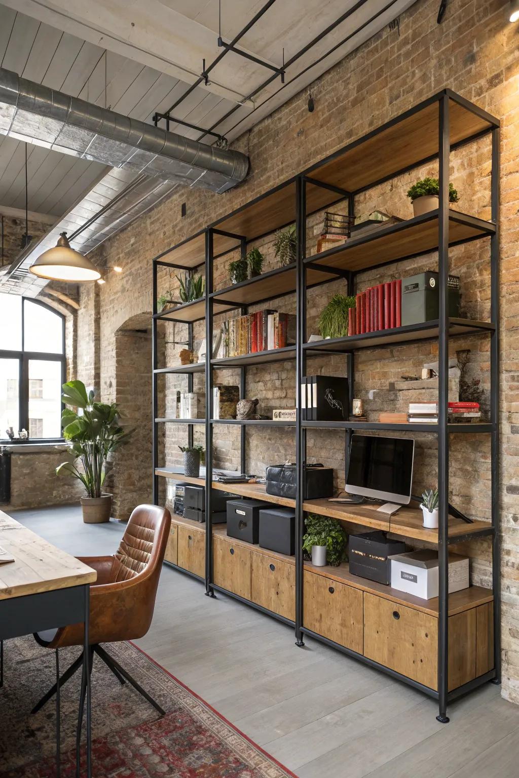 Office shelves combining wood and metal for an industrial look.