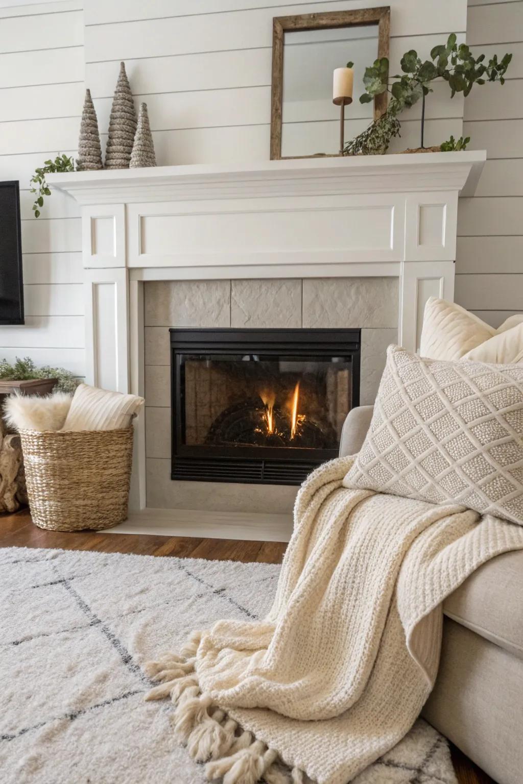 Neutral shiplap fireplace creating a light and airy ambiance.