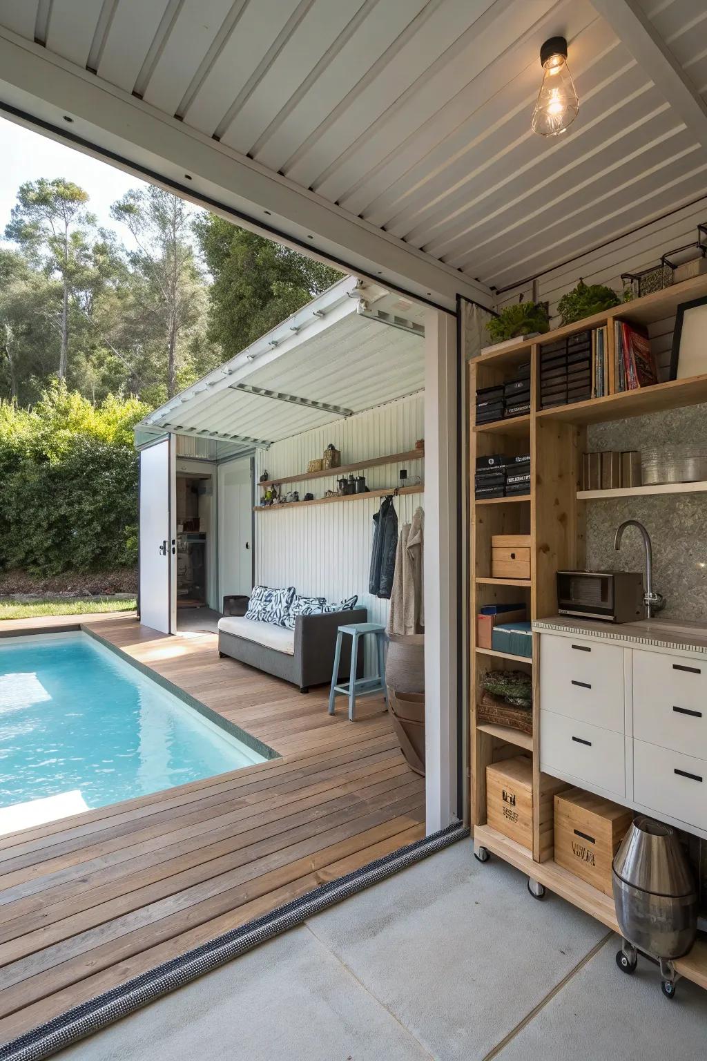 Efficiency meets style in this cleverly designed pool house.