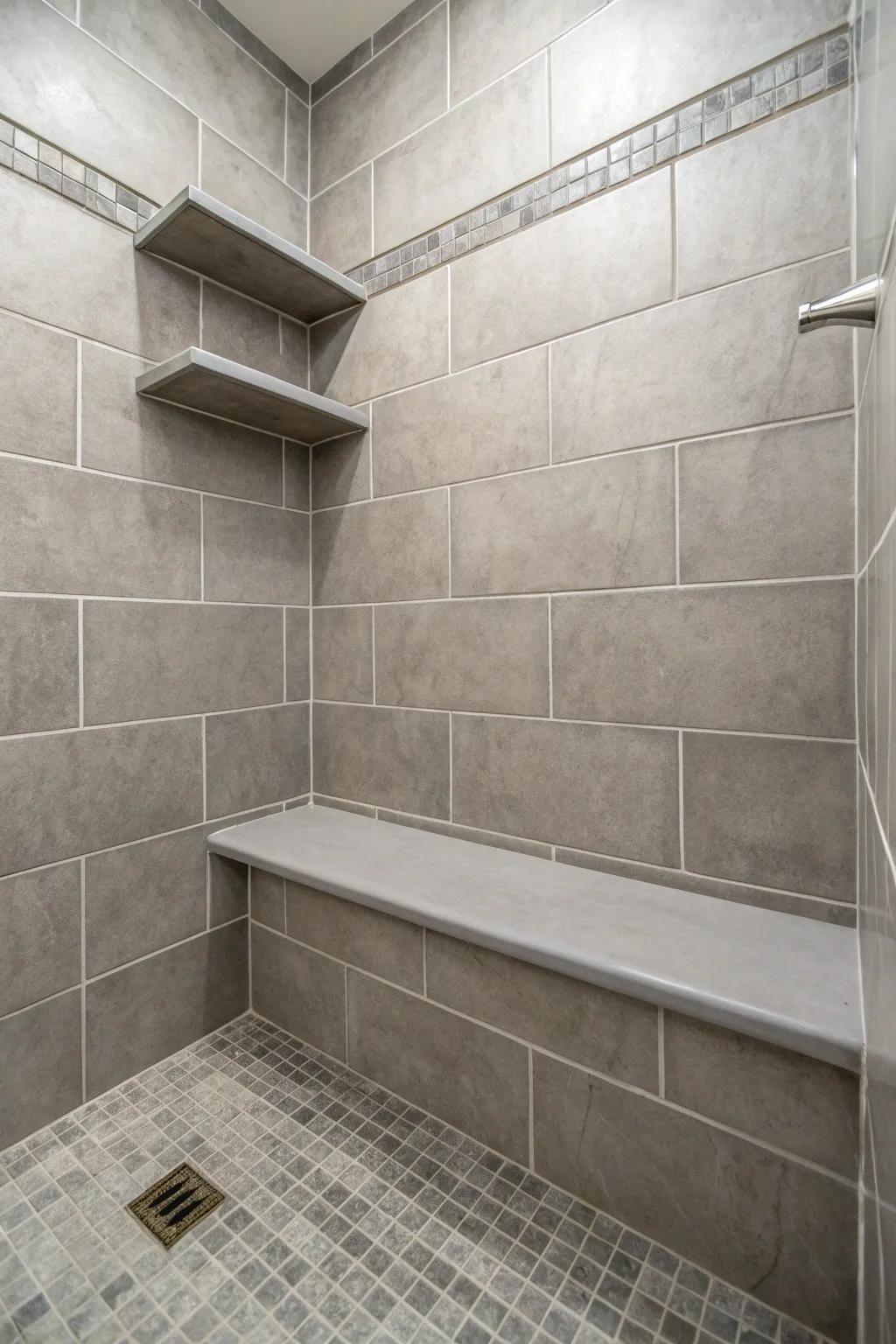 Functionality meets style with built-in features in a grey-tiled shower.