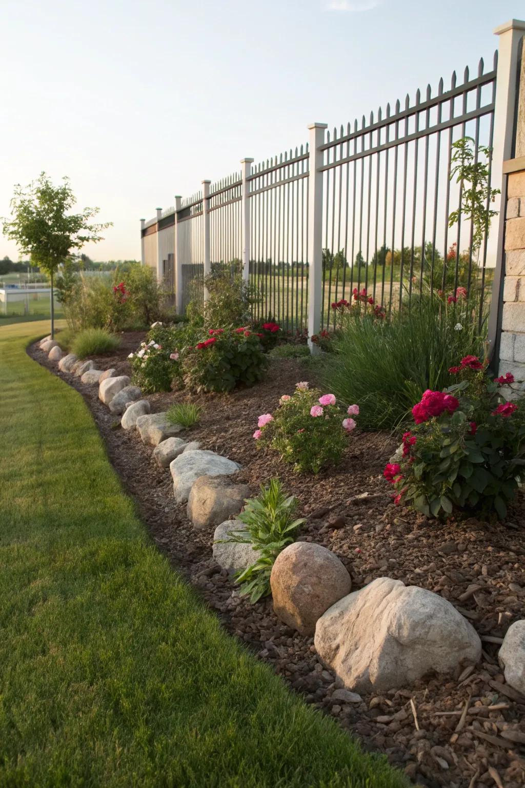 Compost and stone borders fashion tidy, distinct planting zones along fence lines.