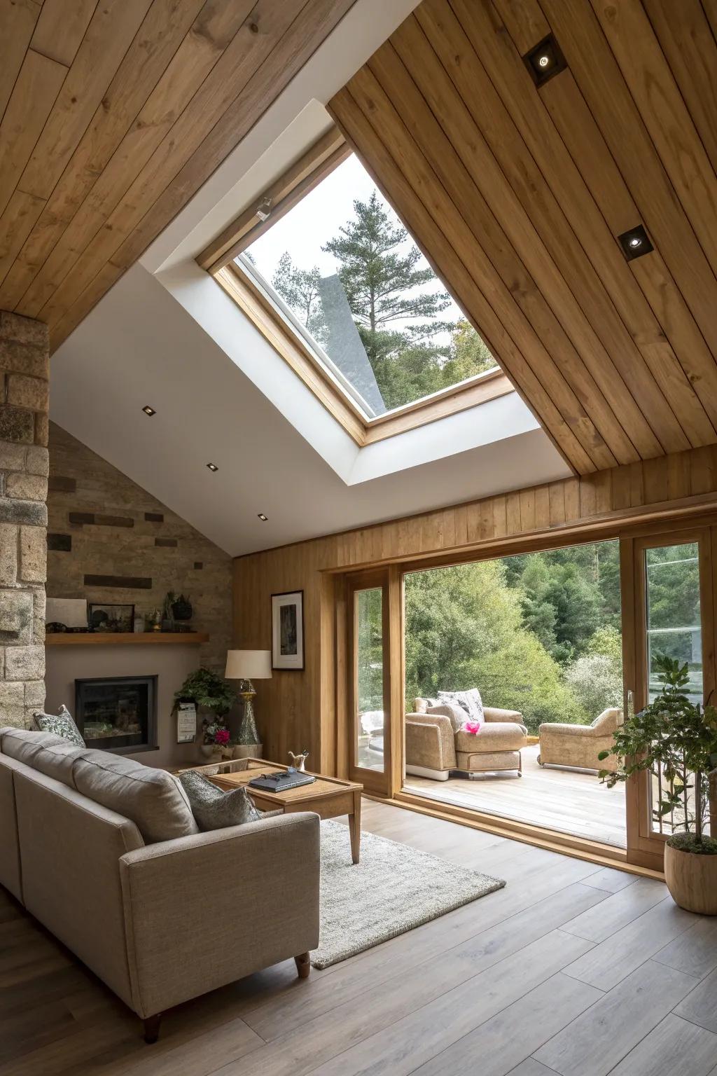 A living space with a skylight framed by inviting wood panels.