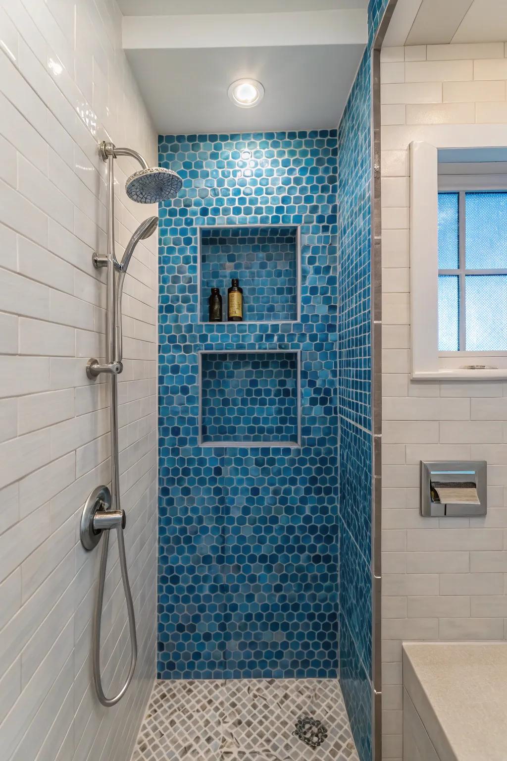 Bold blue tiles create a stunning focal point in small bathrooms.