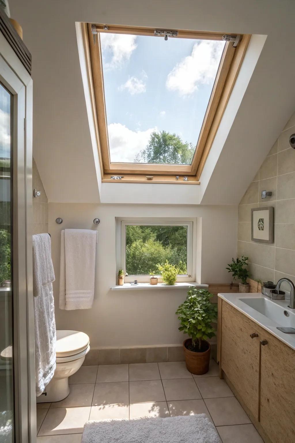 A skylight offers an airy, brightly lit atmosphere.