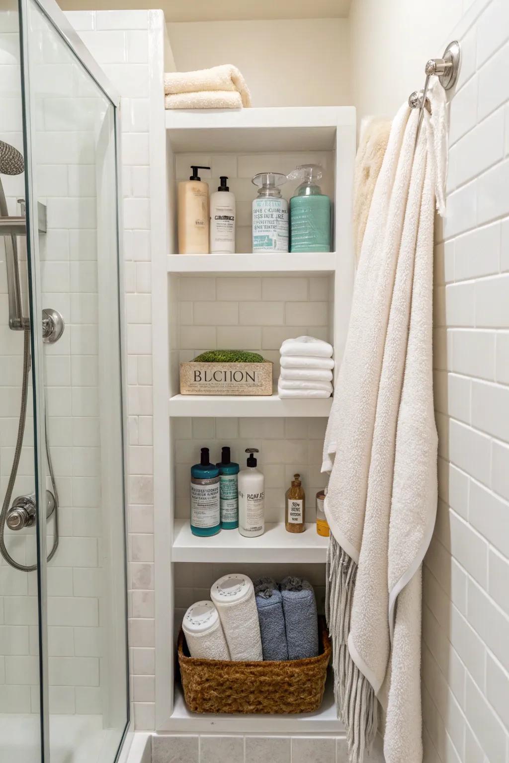 Built-in storage keeps your shower essentials organized and accessible.