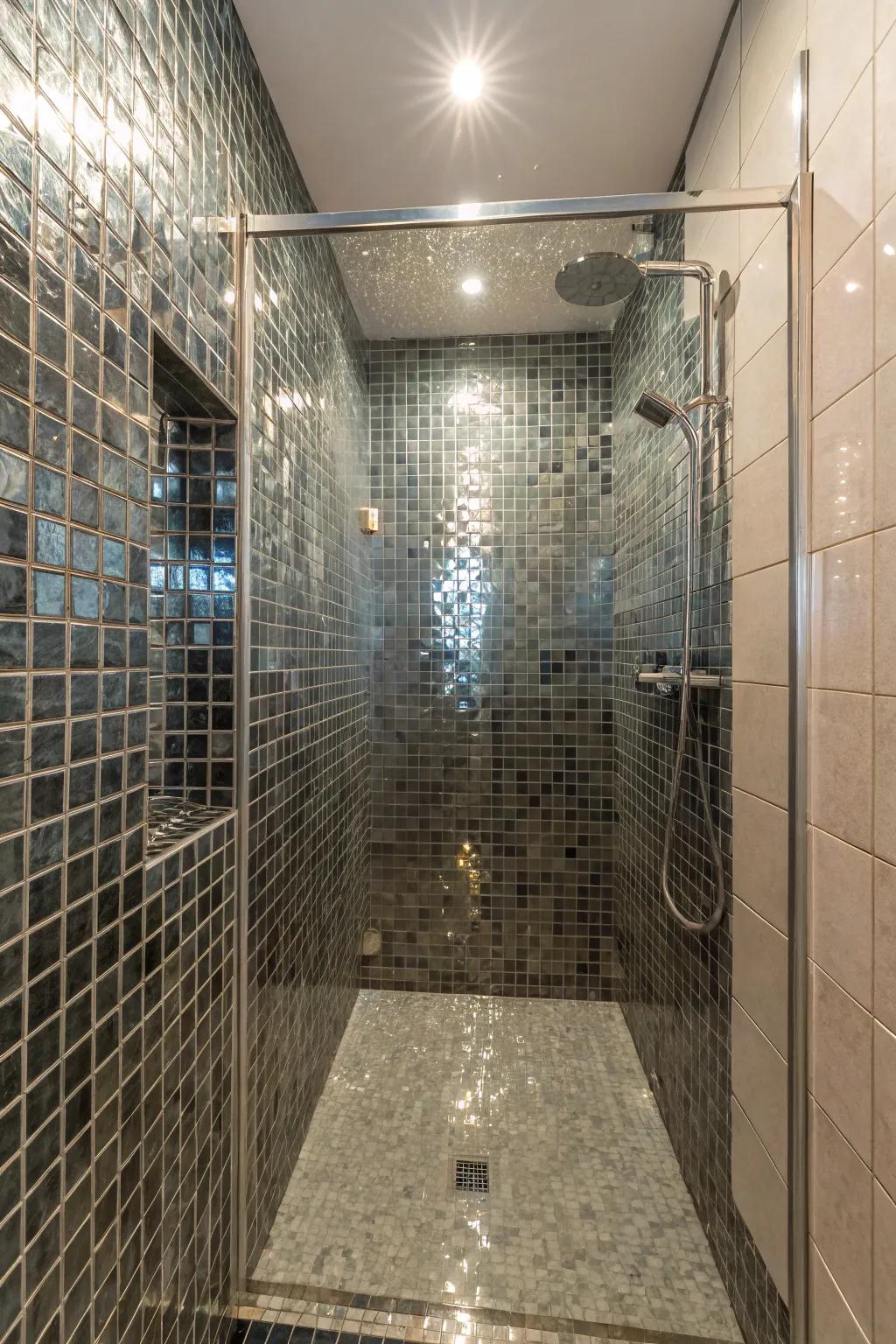 Glass tiles enhance light and space in small showers.