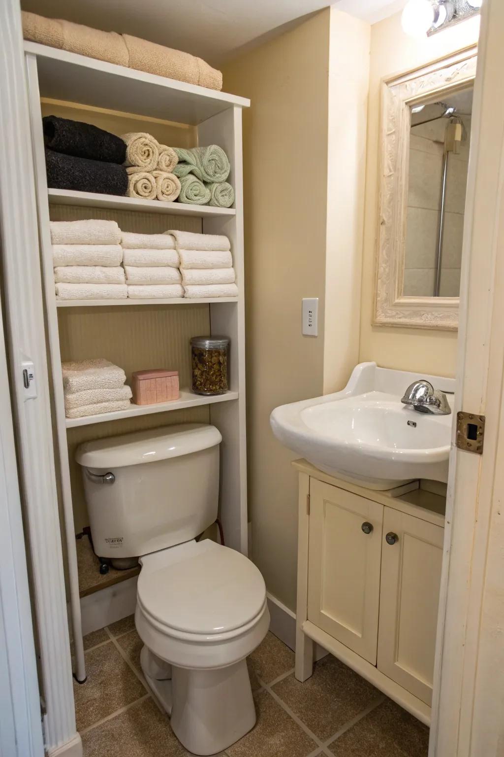 Over-the-toilet storage effectively maximizes unused space.