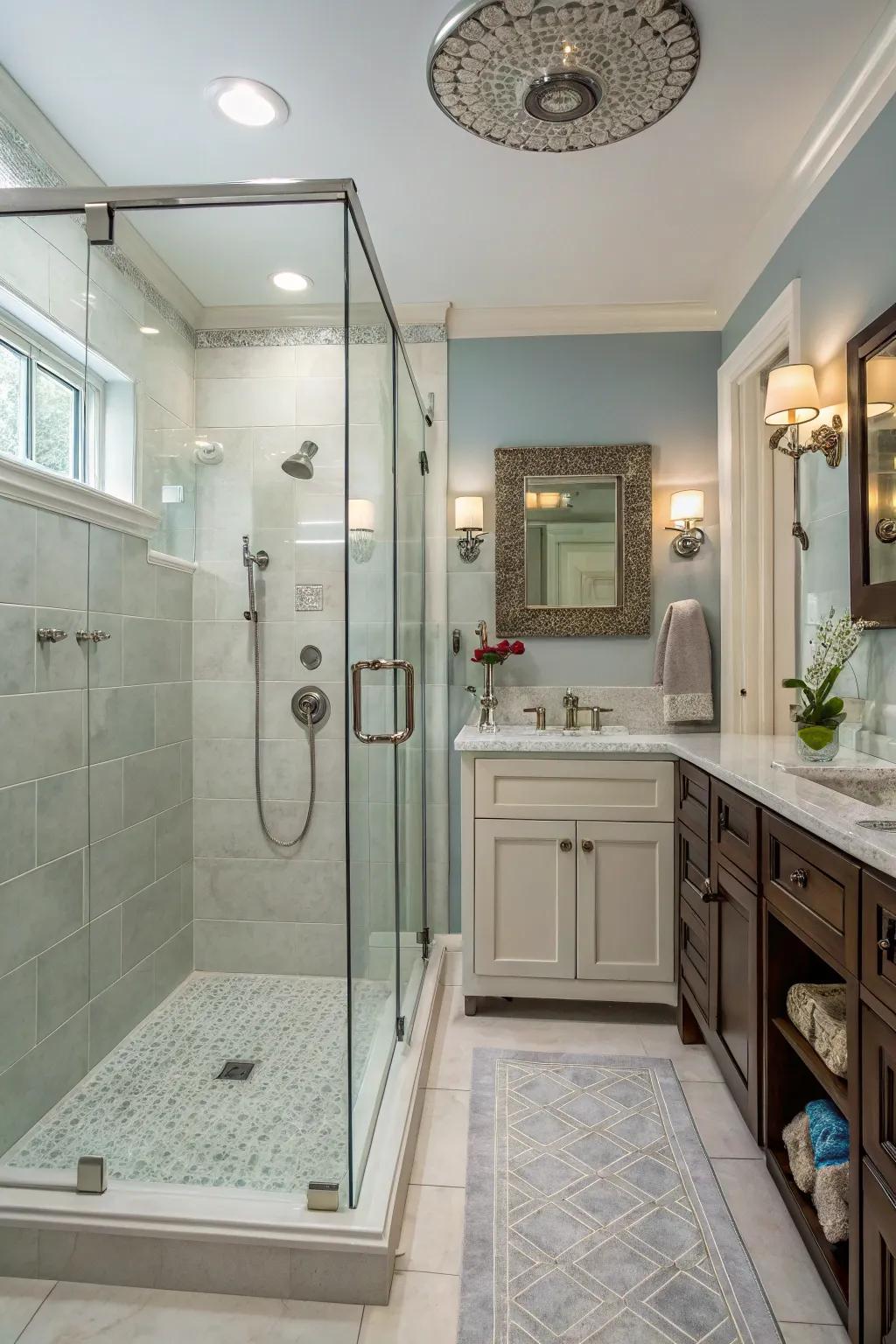 Overhead sprinklers provide a luxurious experience in compact shower spaces.