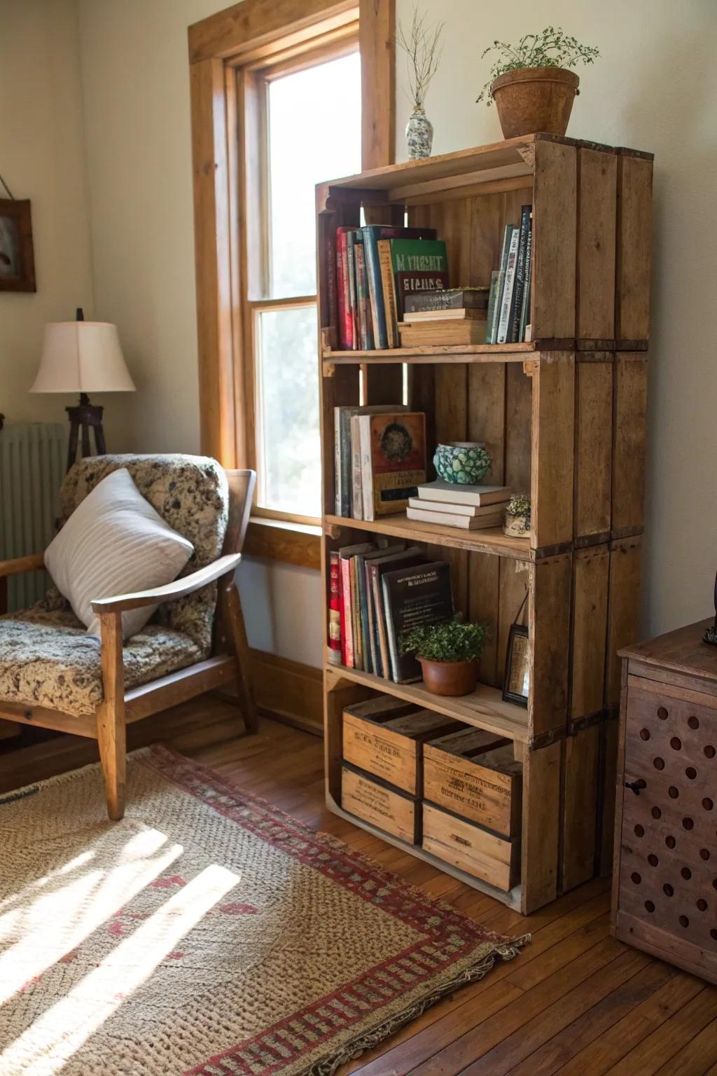 Crate bookshelves offer rustic charm and versatility.