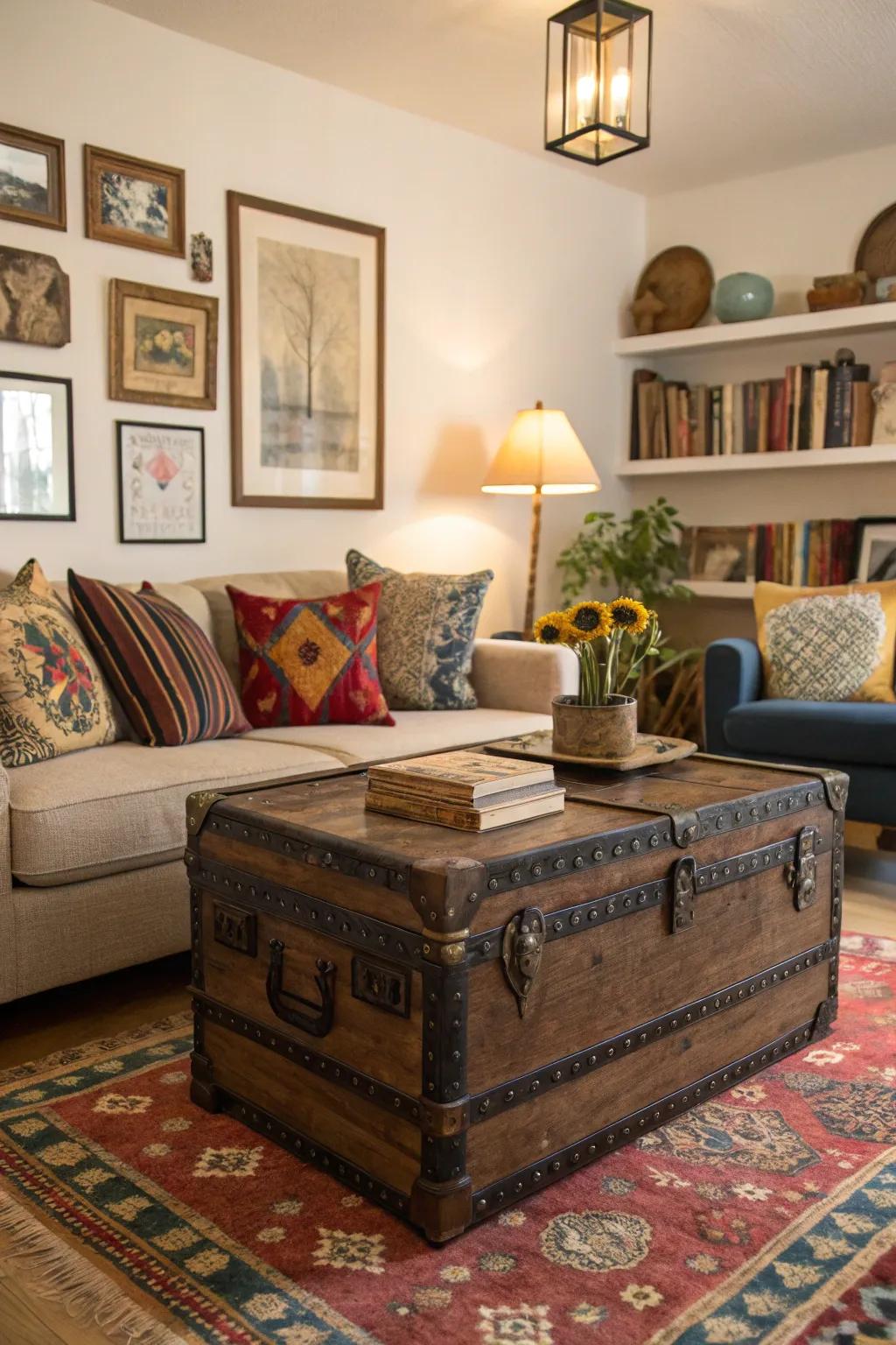 Vintage trunks add character and storage to small spaces.