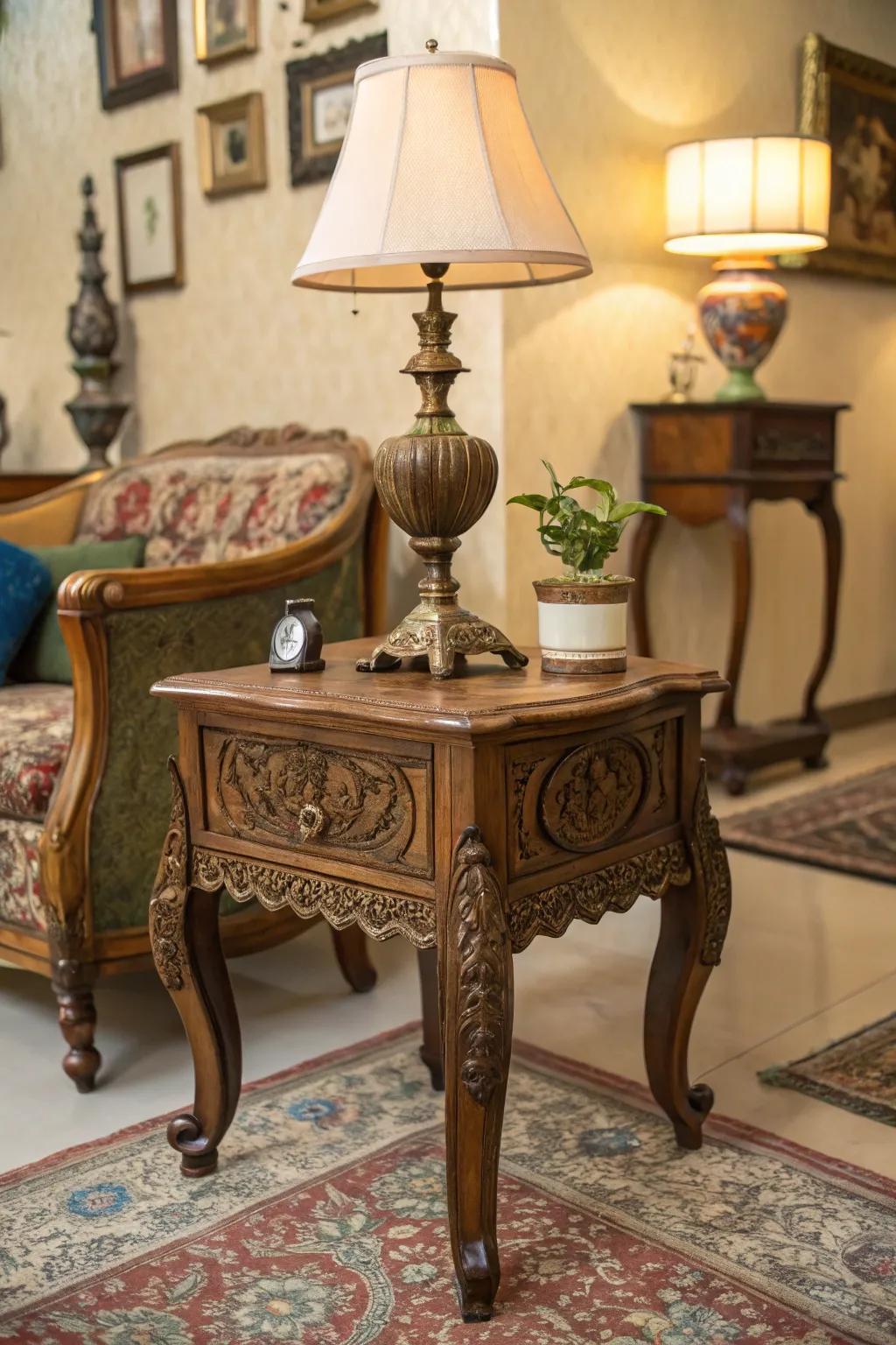 Vintage end table adds character to a retro-themed space.