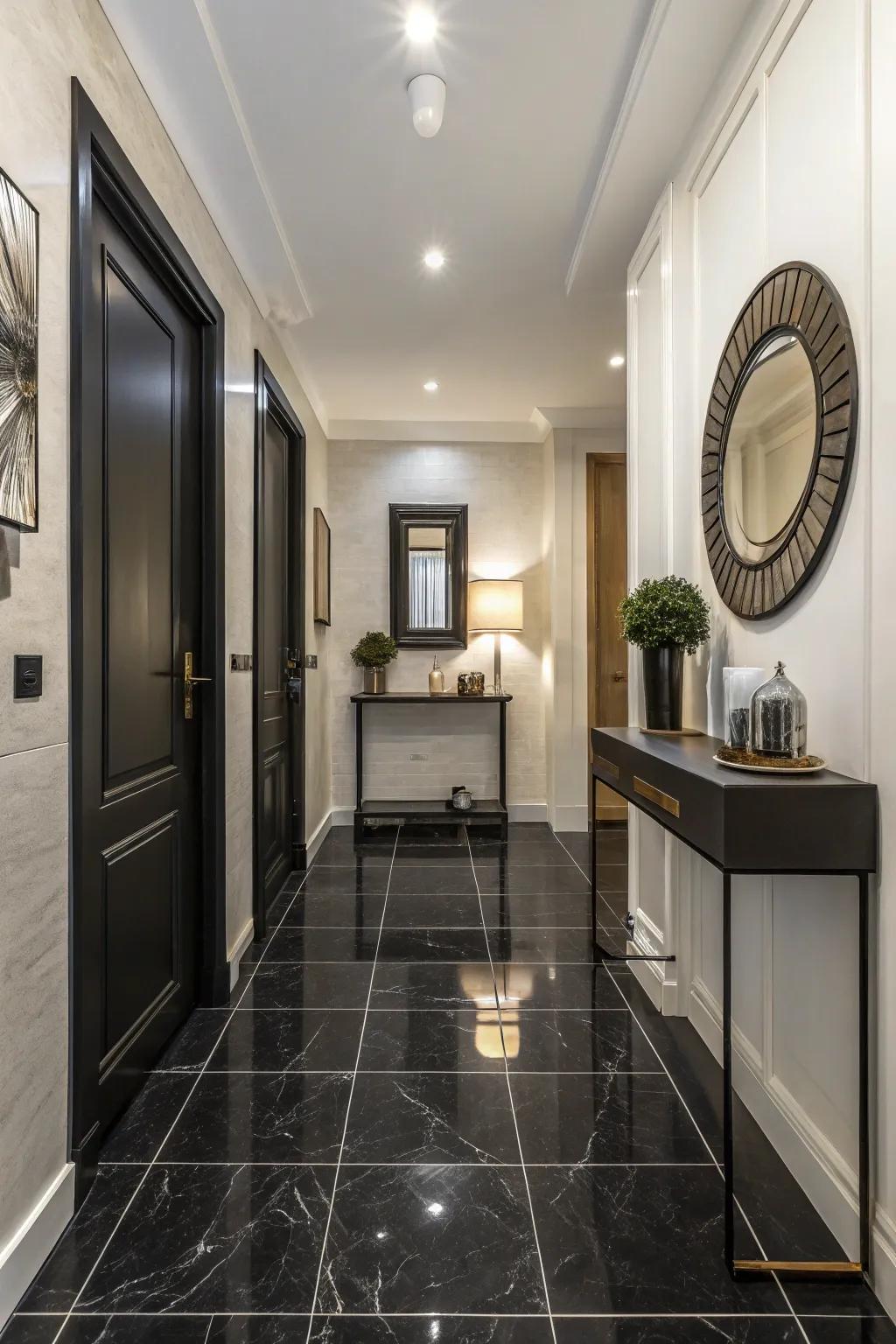 Sophisticated Black Porcelain Tiles in a Modern Entry