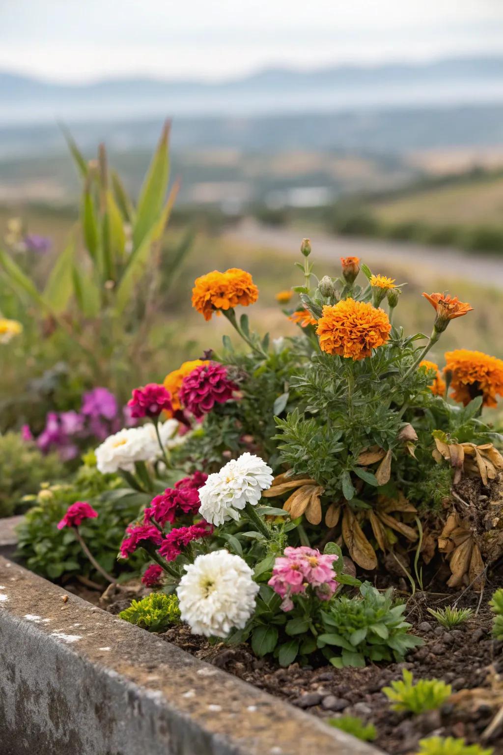 A small flower bed featuring a delightful mix of flowers with diverse textures.