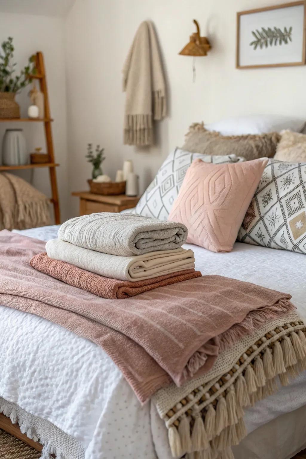 Plush textiles amplify comfort within a small master bedroom.