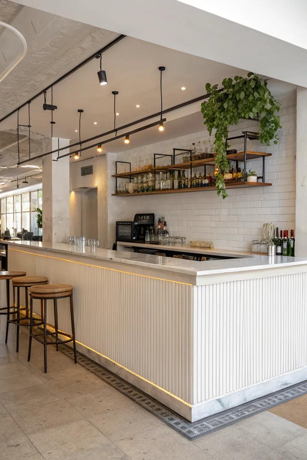 A minimalist bar counter offers both style and practicality in a small space.