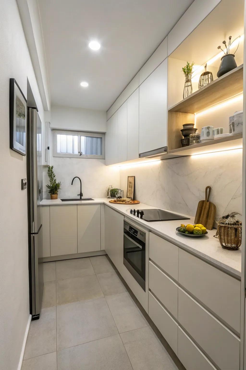 Minimalistic design keeps a small kitchen uncluttered and elegant.