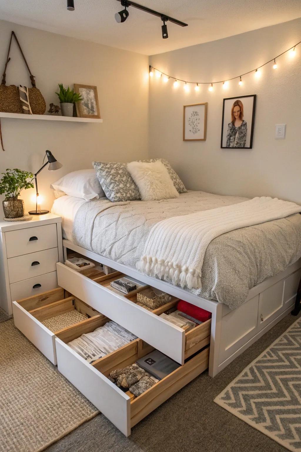 Under-bed storage maximizes hidden space for a clutter-free room.