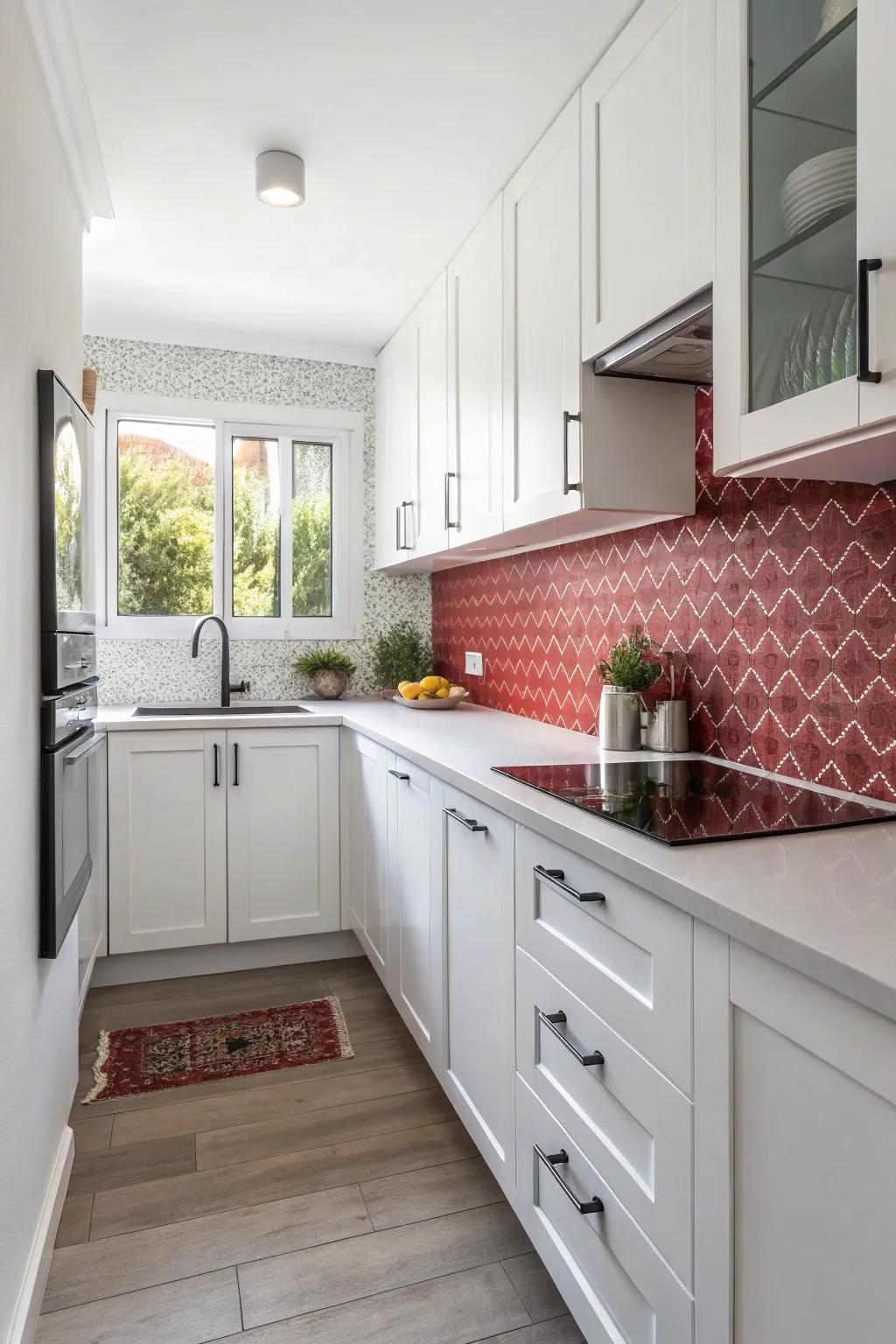 A contrasting backsplash adds depth to a white kitchen.